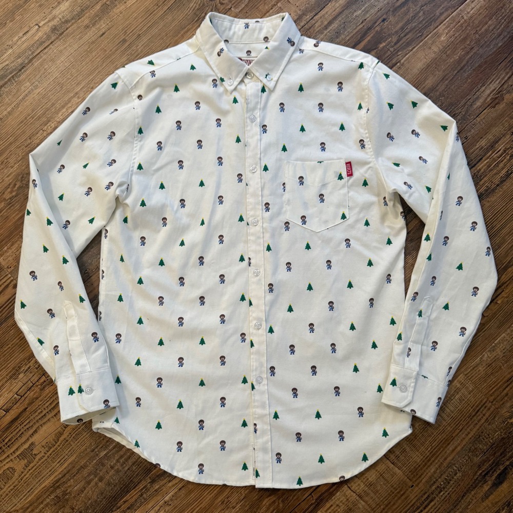RSVLTS Button Down Shirt Mens Medium White Bob Ross Christmas Tree Novelty Party